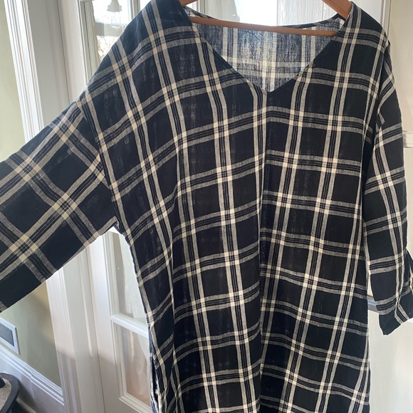 ITALIAN Linen Shirt Dress by a.b Italy with POCKETS Oversized V-neck Plaid - Picture 2 of 6